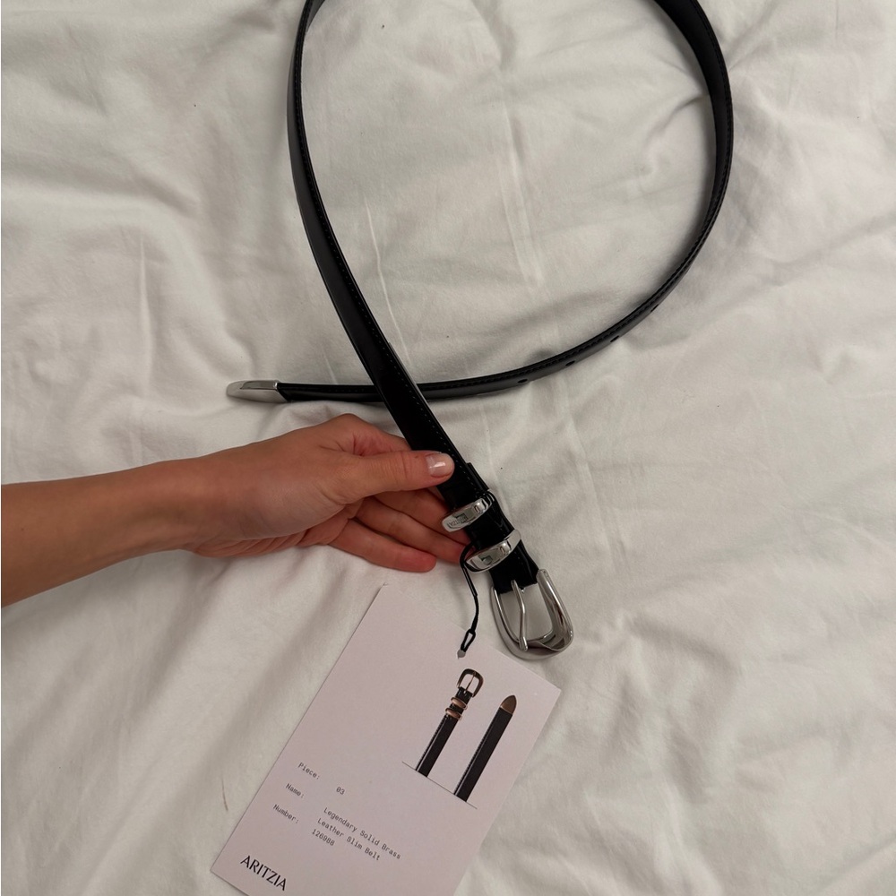 Aritzia Black Slim Leather Belt with Silver Buckle